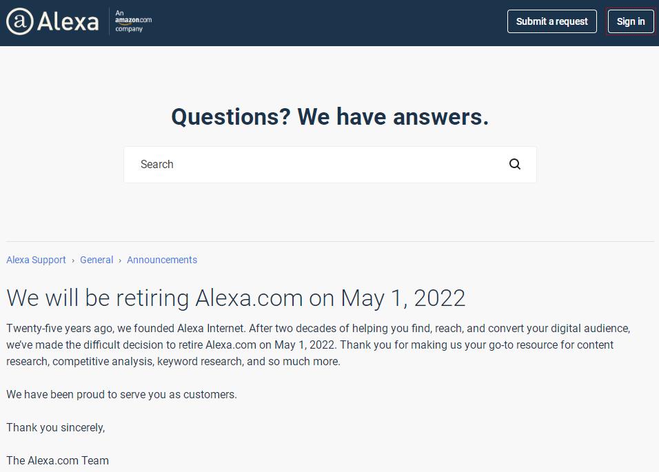 悦然建站分享：Alexa排名将成历史，服务将于2022年5月1日关闭-悦然建站